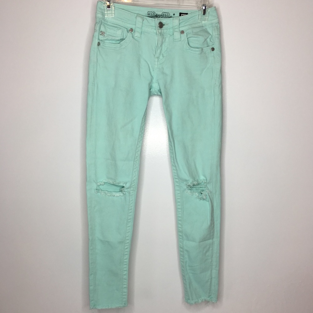 Mid Rise Skinny Ankle Mint Green Distressed Jeans